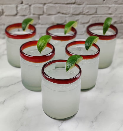 Hand Blown Mexican Drinking Glasses - Set of 6 Tumbler Glasses with Red Rims (10 oz each)