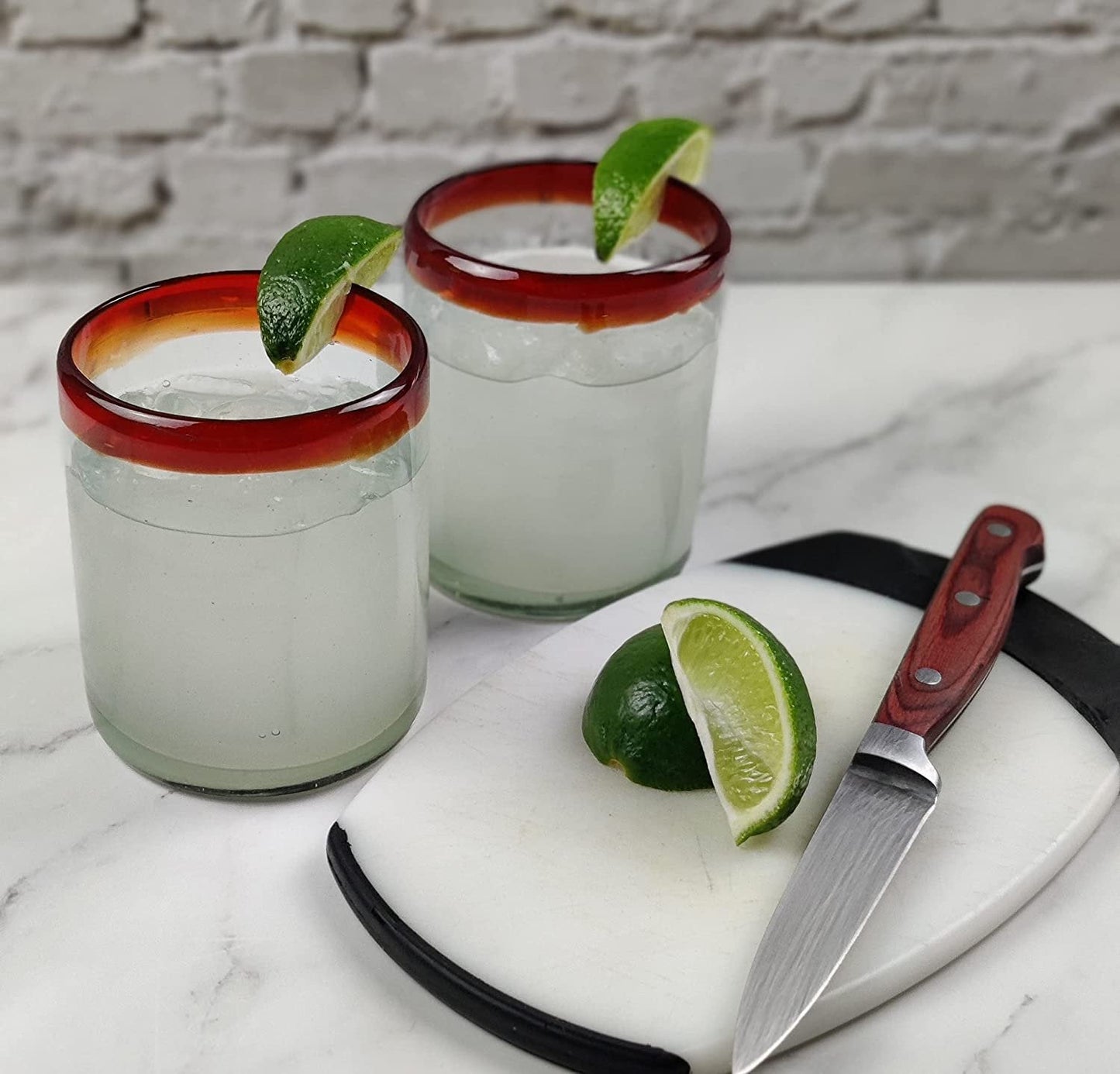 Hand Blown Mexican Drinking Glasses - Set of 6 Tumbler Glasses with Red Rims (10 oz each)