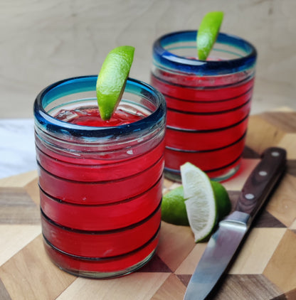 Hand Blown Mexican Drinking Glasses – Set of 6 Tumbler Glasses with an Aqua Spiral Design (10 oz each)