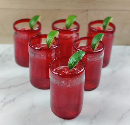 Hand Blown Mexican Drinking Glasses - Set of 6 Glasses with Red Rims (14 oz each)