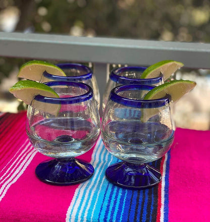 Cobalt Blue Rim Cognac Snifter Tequila Glasses - Set of 4 (7 oz each)