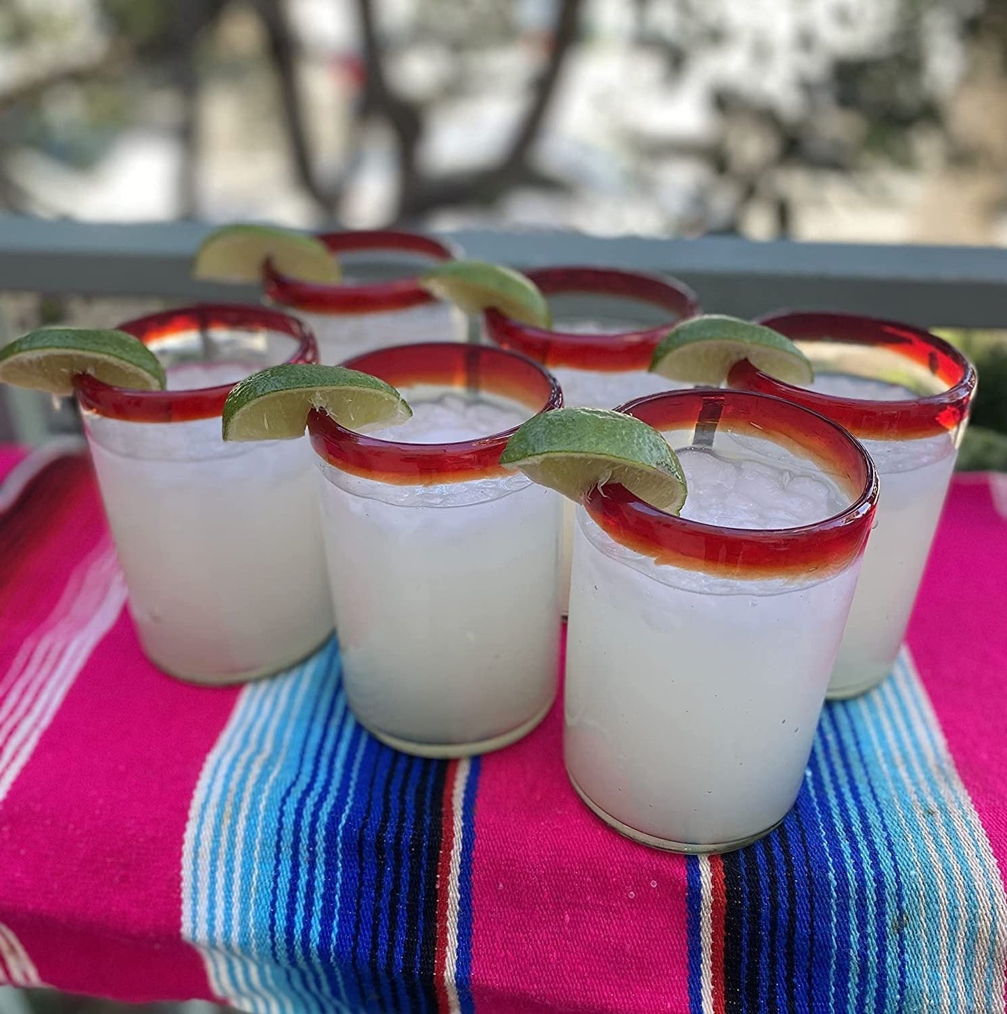 Hand Blown Mexican Drinking Glasses - Set of 6 Glasses with Red Rims (14 oz each)