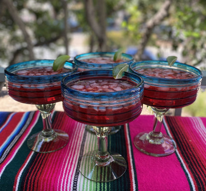 Mexican Hand Blown Glass – Set of 4 Hand Blown Margarita Glasses (16 oz) with Aqua Spiral Design