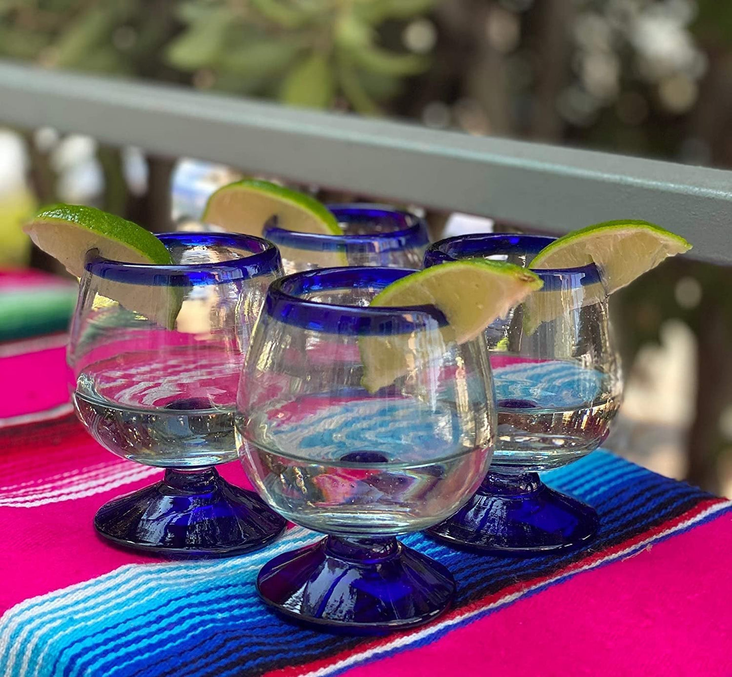 Cobalt Blue Rim Cognac Snifter Tequila Glasses - Set of 4 (7 oz each)