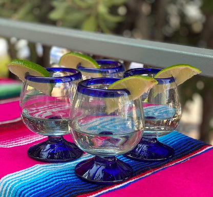 Cobalt Blue Rim Cognac Snifter Tequila Glasses - Set of 4 (7 oz each)