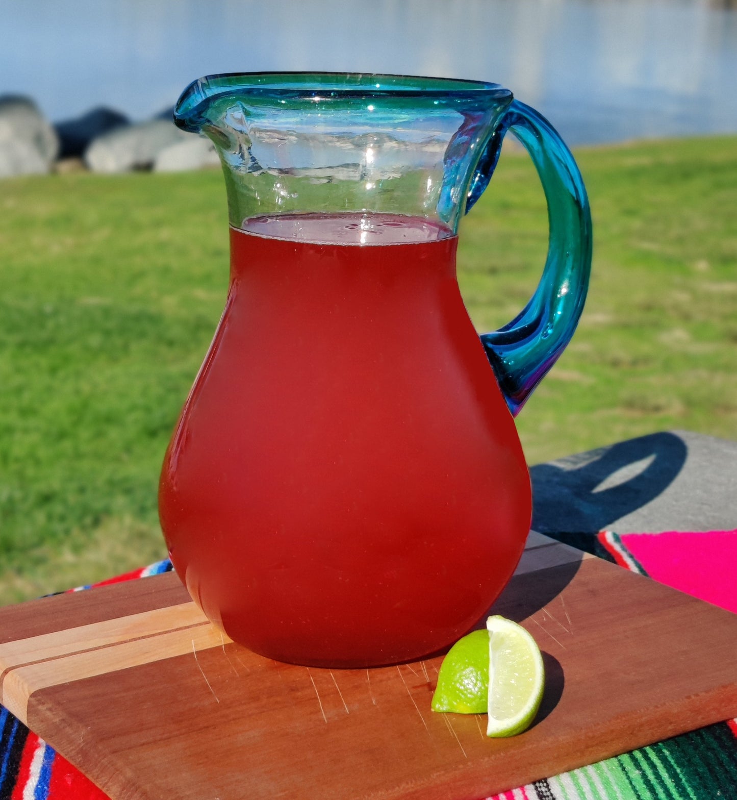 Mexican Hand Blown Glass Pitcher – Aqua Rim and Handle (84 oz)