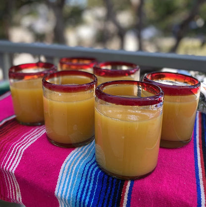 Hand Blown Mexican Drinking Glasses - Set of 6 Tumbler Glasses with Red Rims (10 oz each)