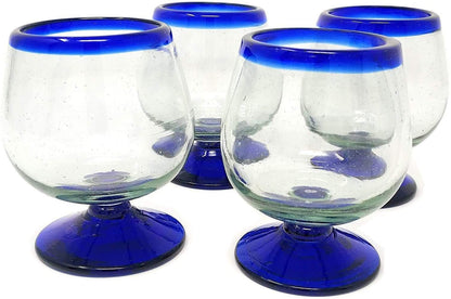 Cobalt Blue Rim Cognac Snifter Tequila Glasses - Set of 4 (7 oz each)