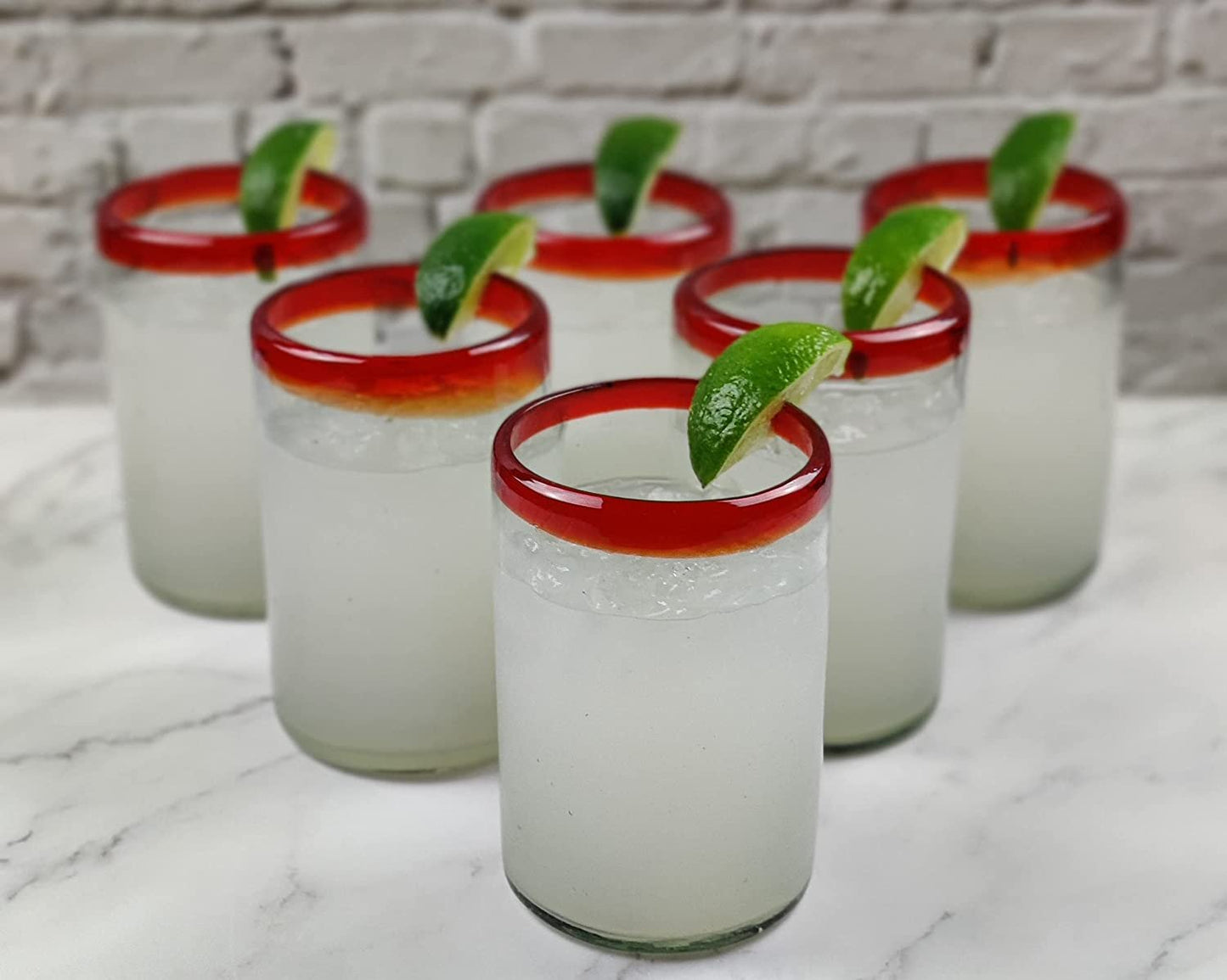 Hand Blown Mexican Drinking Glasses - Set of 6 Glasses with Red Rims (14 oz each)