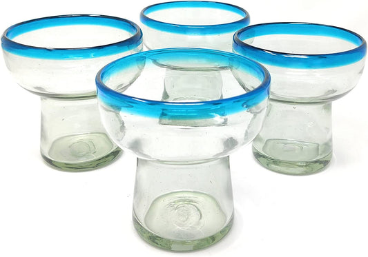 Dos Sueños Mexican Hand Blown Glass – Set of 4 Hand Blown Stemless Aqua Rim Margarita Glasses (14oz)