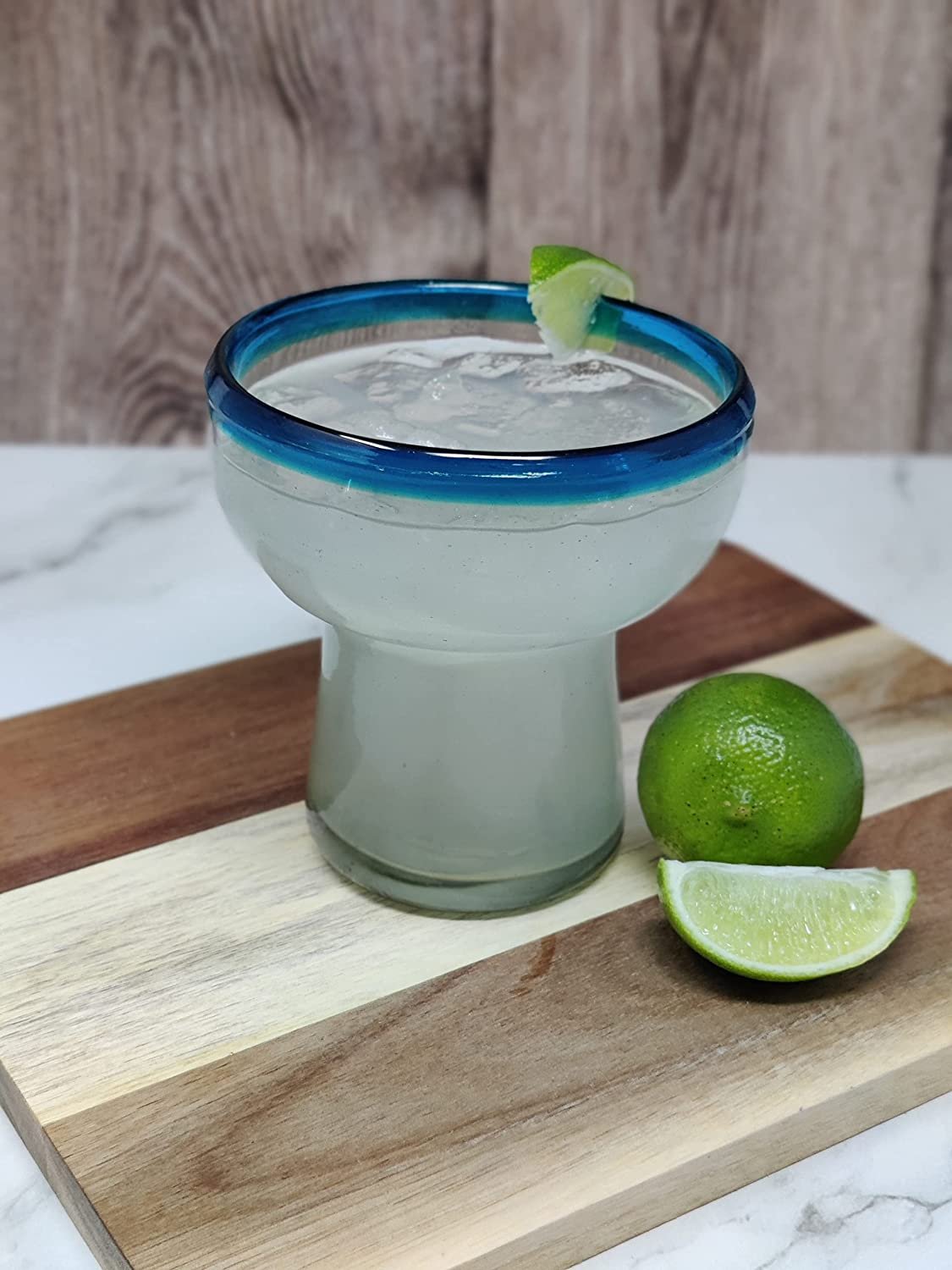 Dos Sueños Mexican Hand Blown Glass – Set of 4 Hand Blown Stemless Aqua Rim Margarita Glasses (14oz)