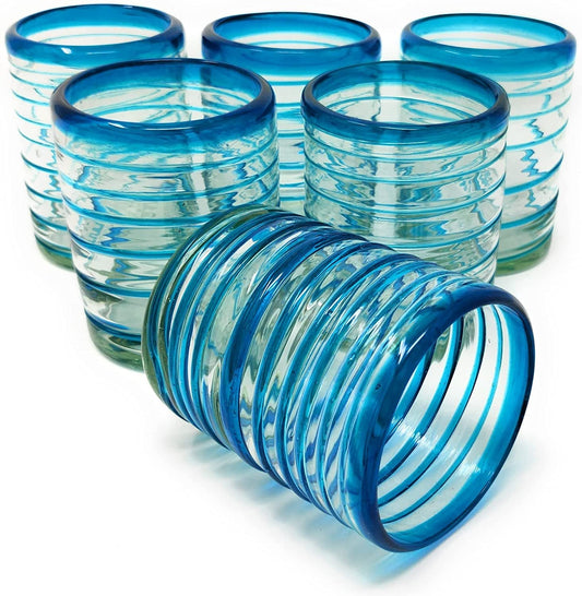 Hand Blown Mexican Drinking Glasses – Set of 6 Tumbler Glasses with an Aqua Spiral Design (10 oz each)