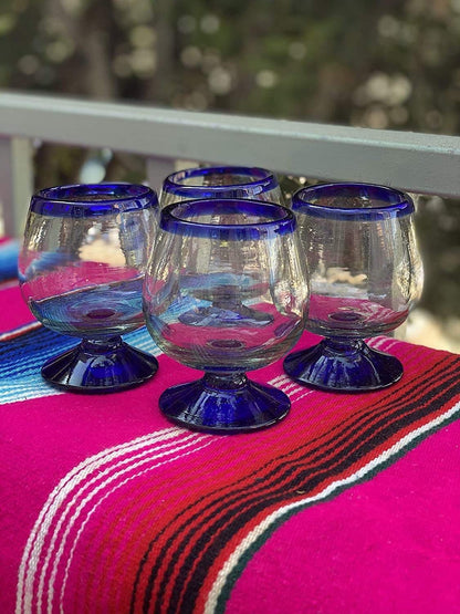 Cobalt Blue Rim Cognac Snifter Tequila Glasses - Set of 4 (7 oz each)