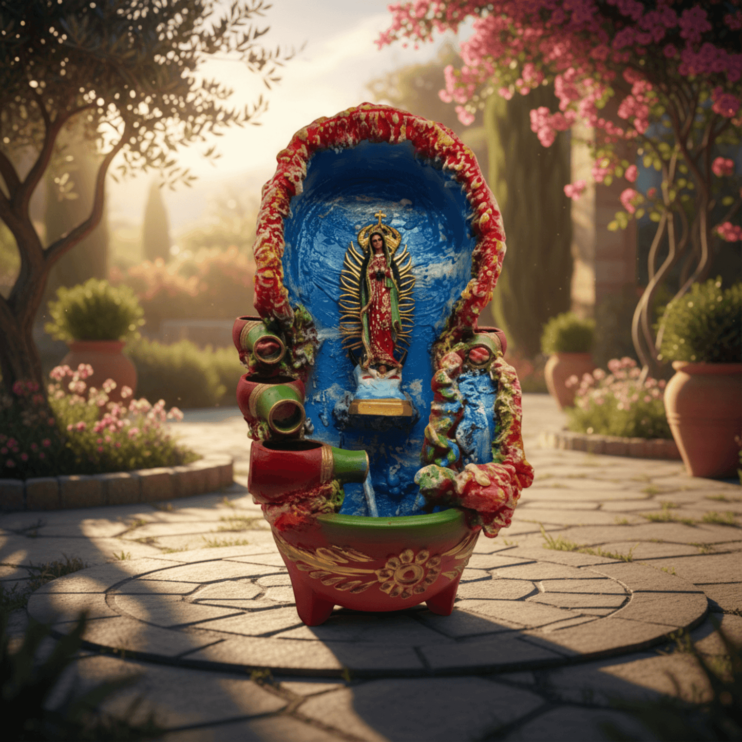 Handcrafted Mexican Outdoor Fountain | Painted Traditional Water Feature