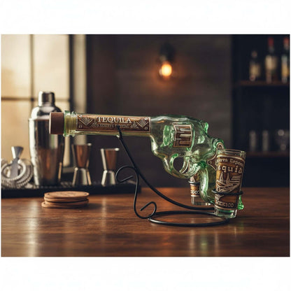 Mexican Revolver Tequila Decanter Set | Glass Gun with Shot Glasses