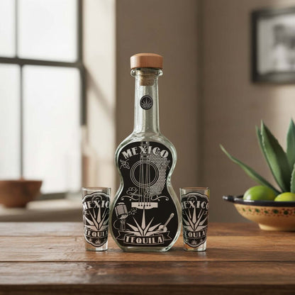 Mexican Tequila Decanter Set | Guitar Design with Shot Glasses