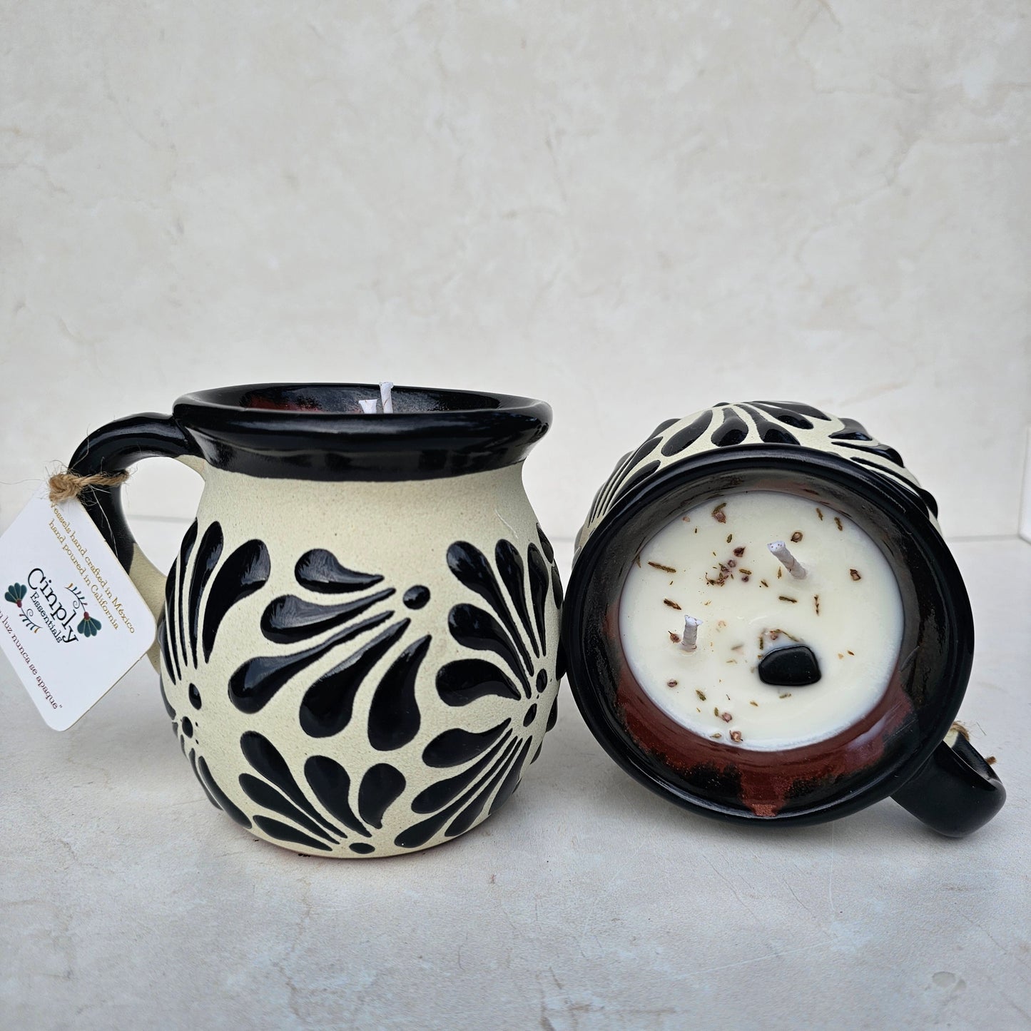 Black Talavera Style Mug Candle - Taza Talavera Negra Vela