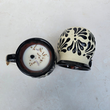 Black Talavera Style Mug Candle - Taza Talavera Negra Vela