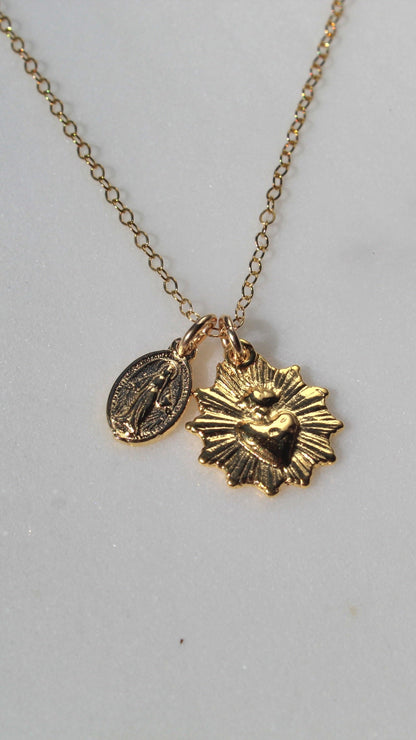 Gold Vermeil Sacred Heart and Miraculous Medal Necklace