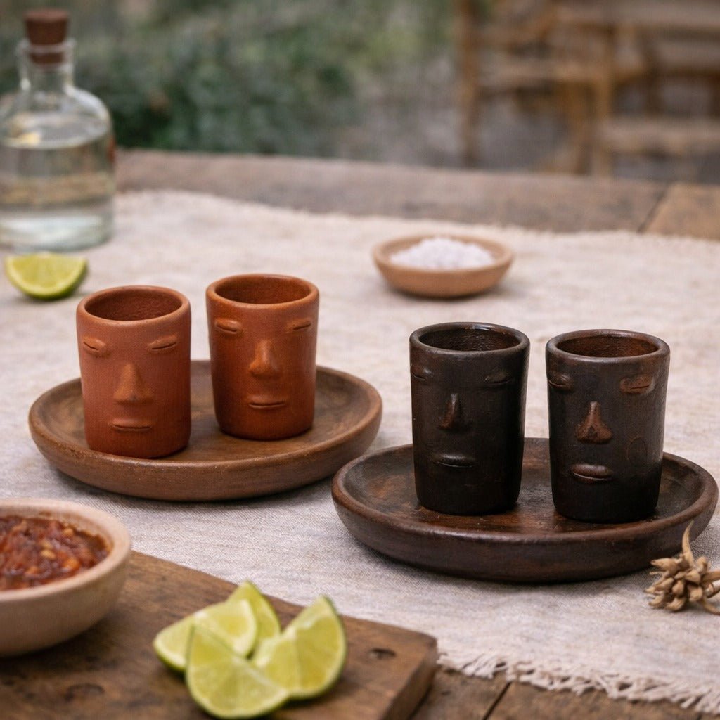 Oaxaca Red Clay Shot Glasses Set - Los Rostros Set Tequilero