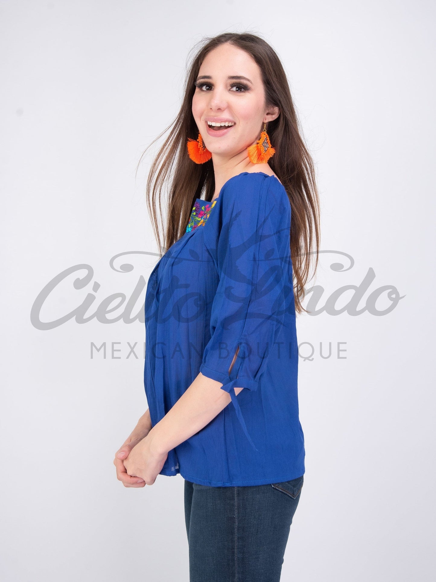 Mexican Embroidered Blouse Cozumel Royal Blue