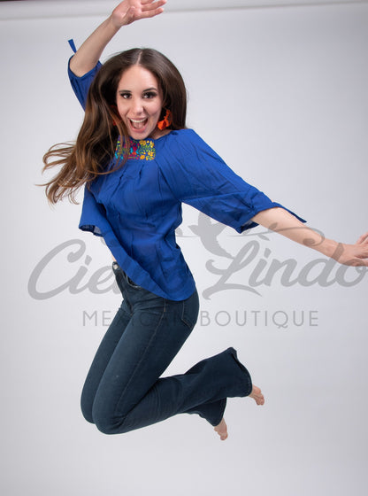 Mexican Embroidered Blouse Cozumel Royal Blue
