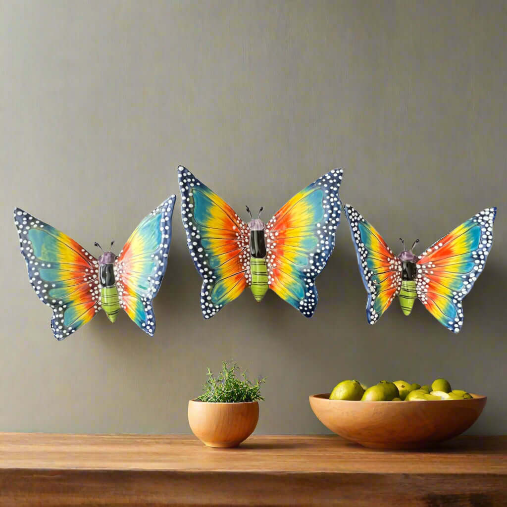 Set of 3 Talavera Butterfly Wall Hangings | Handmade Ceramic Decor