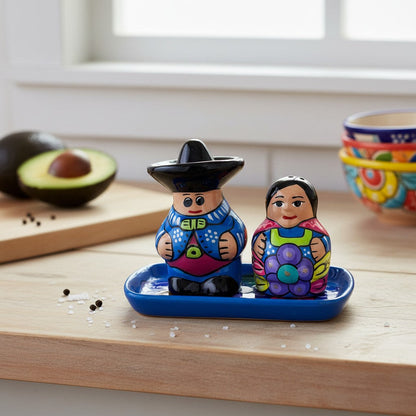 Hand-Painted Talavera Salt & Pepper Shakers | Couple on Tray