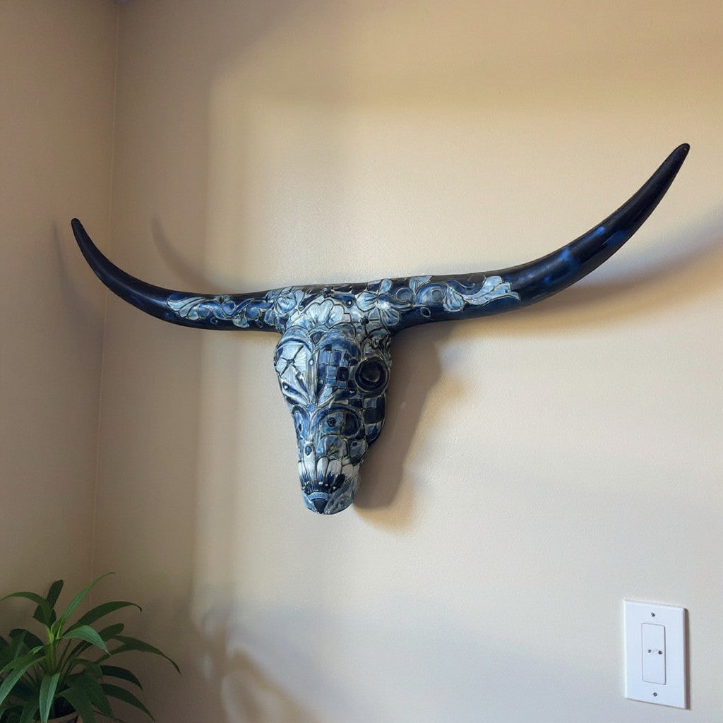 Talavera Longhorn Skull | Blue & White Mexican Wall Art – TheMexHub