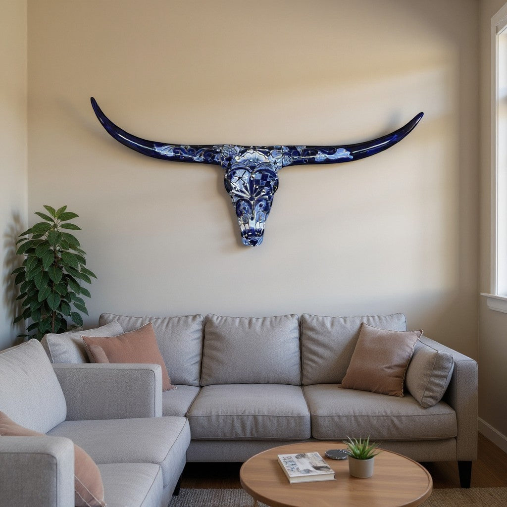 Talavera Longhorn Skull | Blue & White Mexican Wall Art – TheMexHub