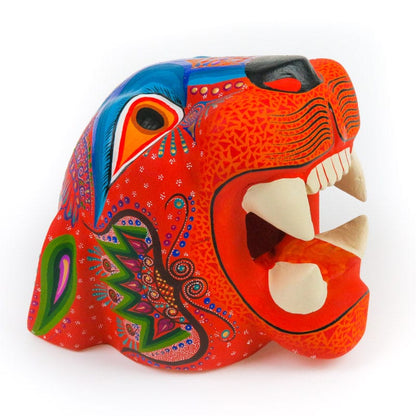 Orange Jaguar Head - Oaxacan Alebrije Wood Carving