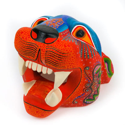 Orange Jaguar Head - Oaxacan Alebrije Wood Carving