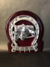 Load image into Gallery viewer, Horseshoe Key Holder Wooden Frame Pewter Metal Silver Horses
