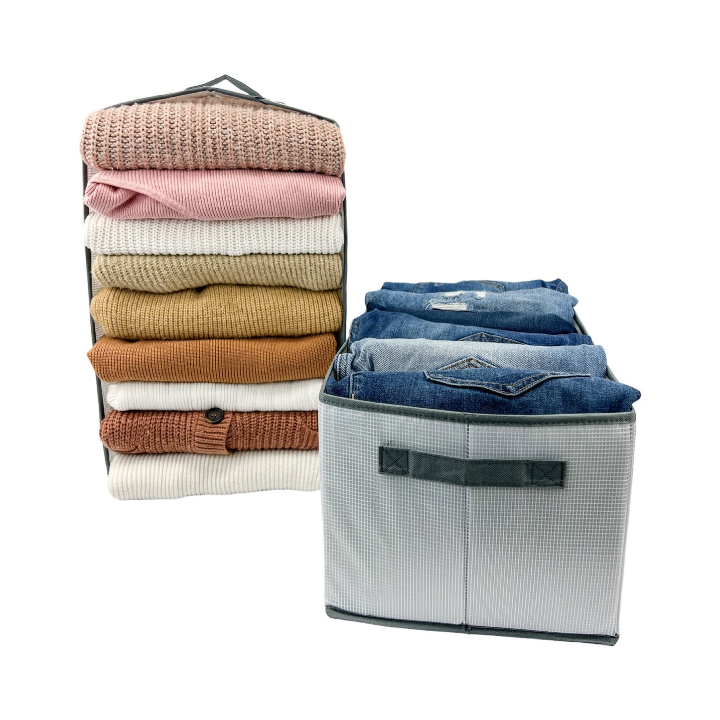 A clothes organizer with various compartments for storage, including drawer dividers and pants hangers, ideal for closet organization. This storage box neatly arranges folded clothes, such as jeans, providing a space-saving solution. Shop now for an efficient closet organizer at an affordable price.