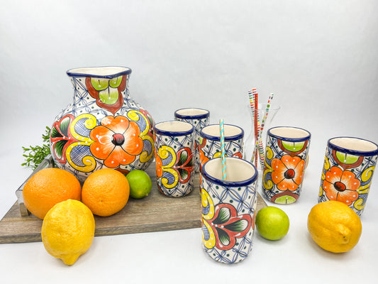 Talavera Water Pitcher Set 7 Pc Mexican Talavera pottery Pitcher With Tumblers