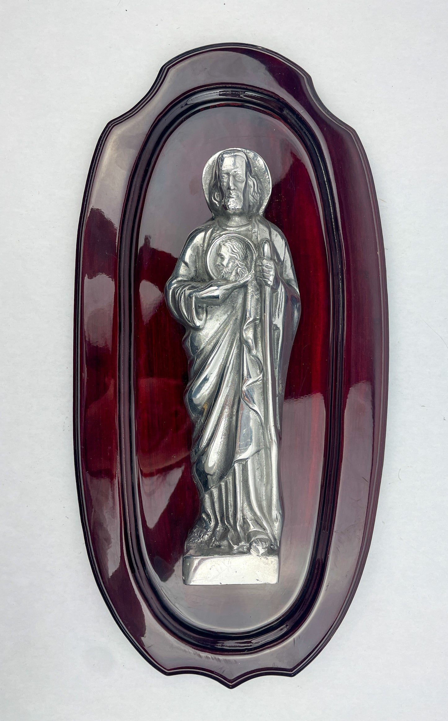 St Jude Patron Saint Wooden Wall Plaque Silver Pewter San Judas Tadeo