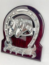 Load image into Gallery viewer, Horseshoe Key Holder Wooden Frame Pewter Metal Silver Horses
