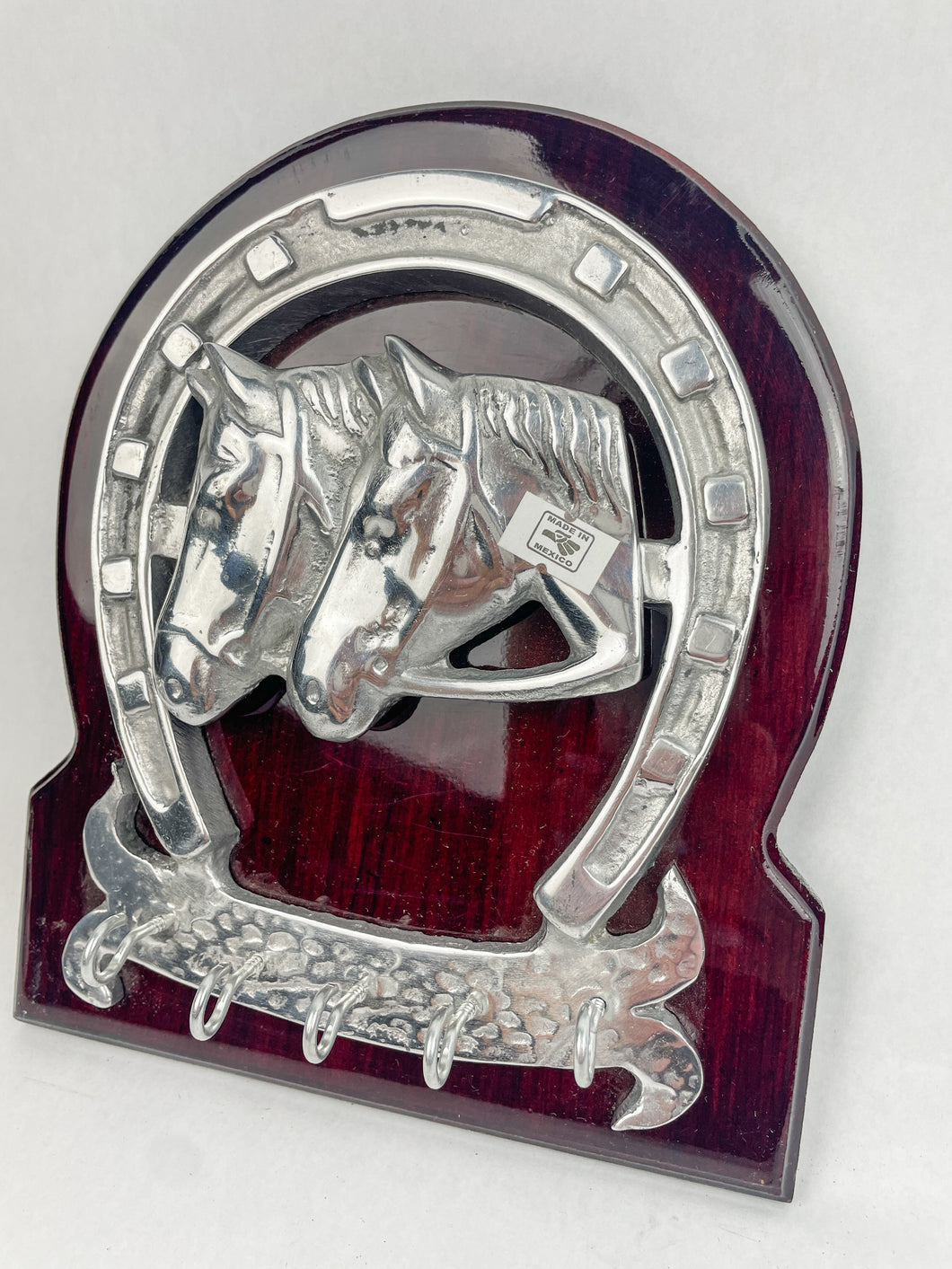 Horseshoe Key Holder Wooden Frame Pewter Metal Silver Horses