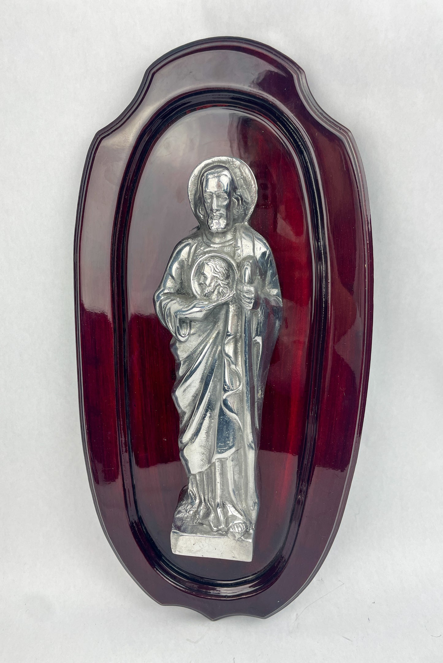 St Jude Patron Saint Wooden Wall Plaque Silver Pewter San Judas Tadeo