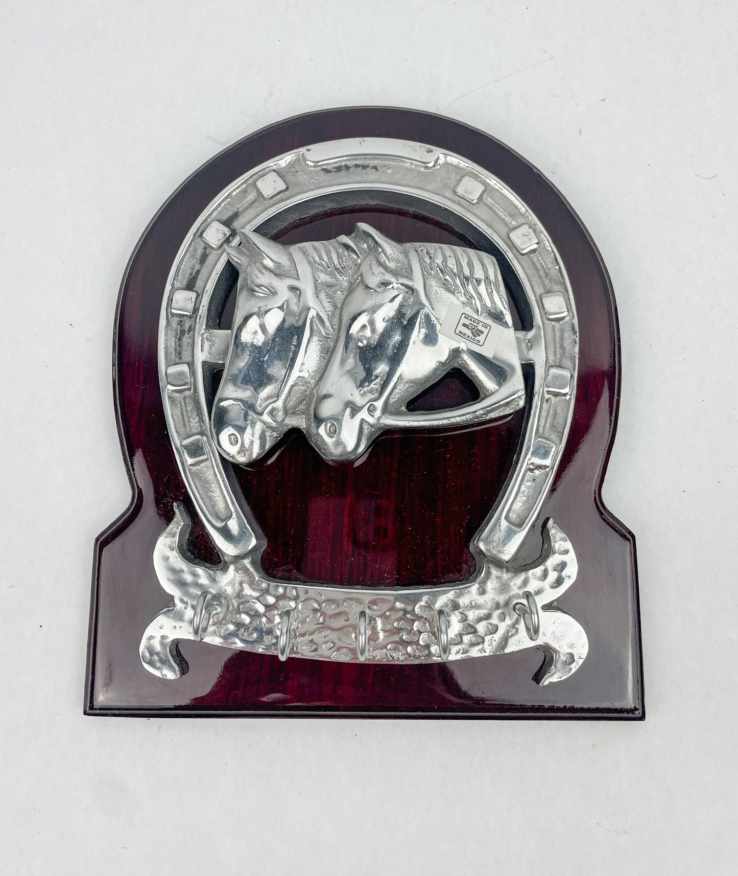 Horseshoe Key Holder Wooden Frame Pewter Metal Silver Horses