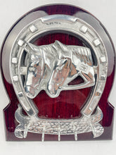 Load image into Gallery viewer, Horseshoe Key Holder Wooden Frame Pewter Metal Silver Horses
