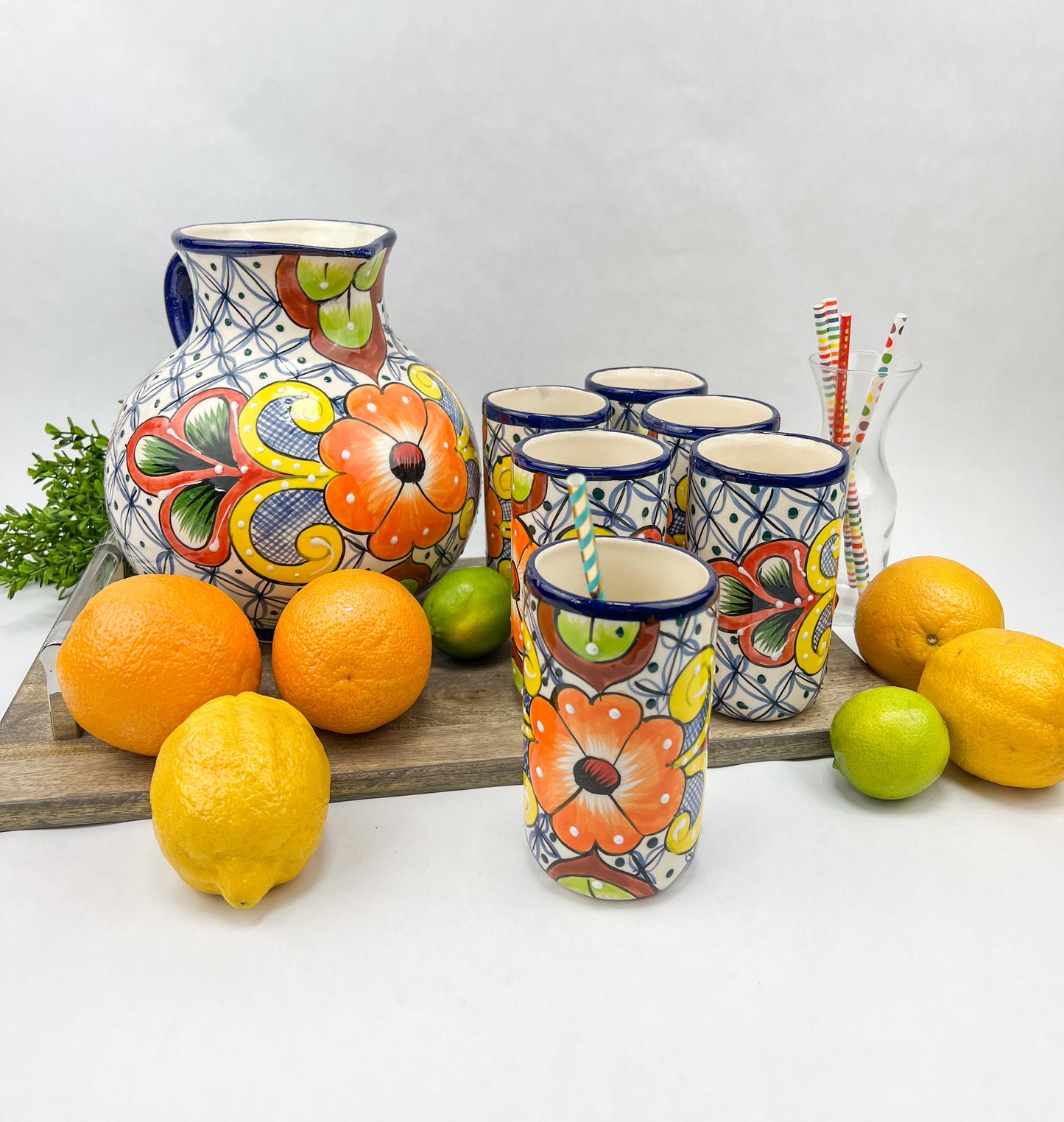 Talavera Water Pitcher Set 7 Pc Mexican Talavera pottery Pitcher With Tumblers