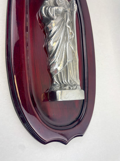 St Jude Patron Saint Wooden Wall Plaque Silver Pewter San Judas Tadeo