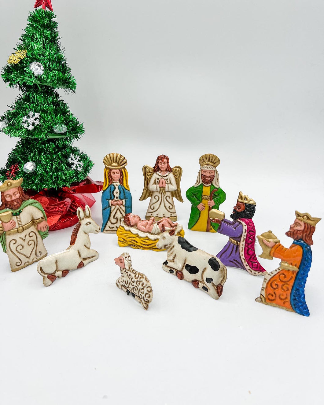 Mexican Tin 3 In. Nativity Set With Box Christmas (10 Pieces)