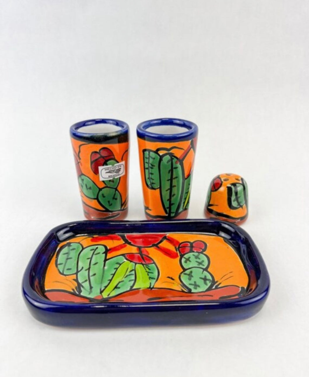 Beautiful Talavera tequileros- Mexican Talavera shot glass set of 2 and  lime tray - El Callejon Art
